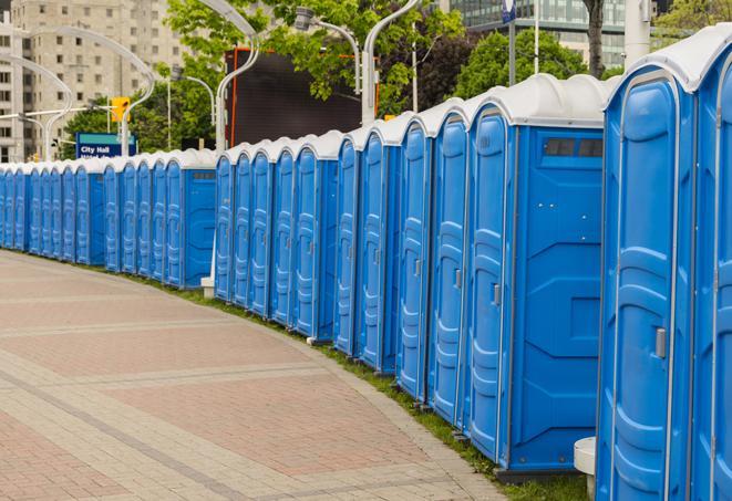 portable restrooms lined up at a marathon, ensuring runners can take a much-needed bathroom break in Bonney Lake WA